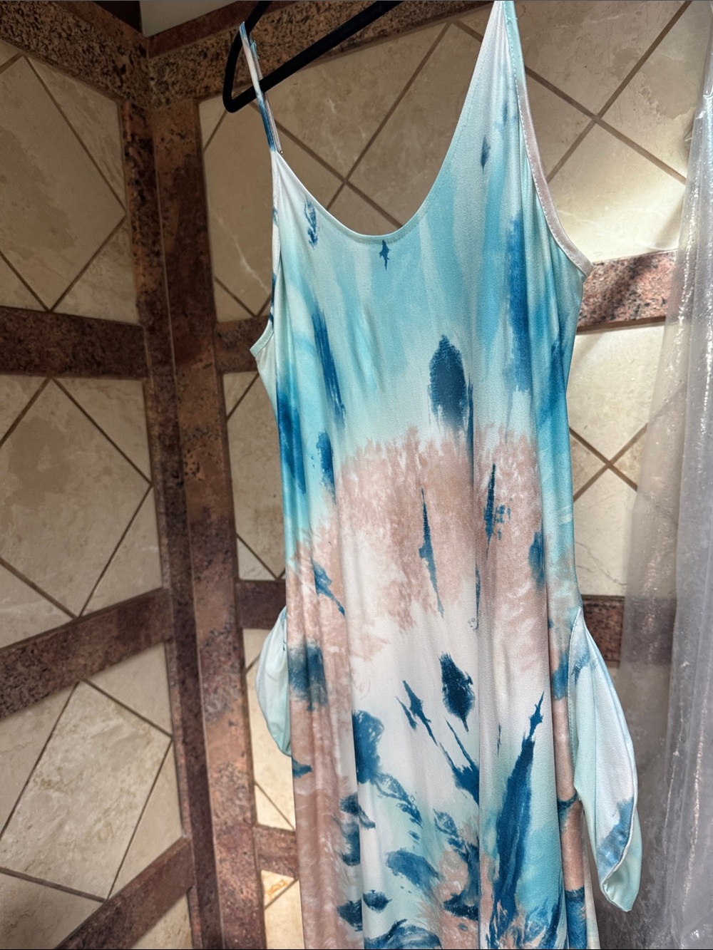 Tie-Dye Satin Cami Slip Dress in Blue and Blush